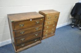 A 20TH OAK CENTURY CAMPAIN CHEST OF FOUR DRAWERS, width 76cm x depth 42cm x height 90cm, a similar