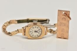 A 9CT GOLD INGOT PENDANT AND 9CT GOLD WATCH, a 9ct ingot style pendant, hallmarked 9ct London,