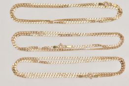 THREE 9CT GOLD CHAIN NECKLACES, three matching flat curb link chain necklaces, fitted with spring