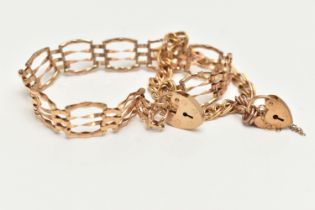 A 9CT GOLD BRACELET AND A YELLOW METAL BRACELET, the first a gate style bracelet, fitted with a