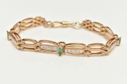 A 9CT GOLD DIAMOND AND EMERALD BRACELET, a gate and brick link style bracelet, set with sixteen