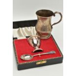 A CASED SILVER EGG CUP AND SPOON SET AND A SILVER CUP, egg cup and spoon hallmarked 'John Rose'