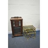 AN EDWARDIAN MAHOGANY MUSIC CABINET, width 55cm x depth 35cm x height 104cm, along with a brassed