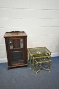 AN EDWARDIAN MAHOGANY MUSIC CABINET, width 55cm x depth 35cm x height 104cm, along with a brassed