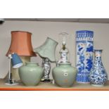 GROUP OF LARGE VASES, UMBRELLA STAND AND TABLE LAMPS, comprising two Oriental porcelain table lamp
