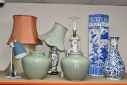 GROUP OF LARGE VASES, UMBRELLA STAND AND TABLE LAMPS, comprising two Oriental porcelain table lamp