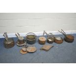 A LARGE SELECTION OF COPPER PANS AND SINGLE HANDLE BUCKETS, of various styles and sizes, along