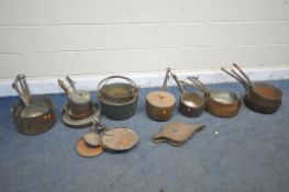 A LARGE SELECTION OF COPPER PANS AND SINGLE HANDLE BUCKETS, of various styles and sizes, along