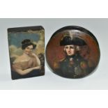 TWO 19TH CENTURY STYLE PAPIER MACHE SNUFF BOXES, the circular example with later? painted cover of