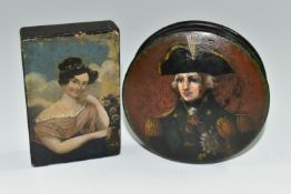TWO 19TH CENTURY STYLE PAPIER MACHE SNUFF BOXES, the circular example with later? painted cover of