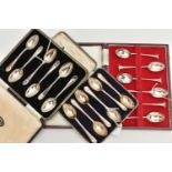 THREE CASED SETS OF SILVER TEASPOONS, comprising a set of six with oval to handle, makers Cooper