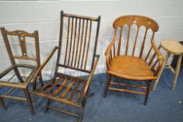 A BENTWOOD STYLE SPINDLED ARMCHAIR, a folding stained beech folding chair, another chair, and an ash