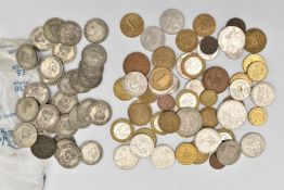 A BOX OF MIXED COINAGE, to include a bag of Georgian One Shillings, approximate gross weight 223