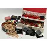 A BOX OF ASSORTED COSTUME JEWELLERY, to include a selection of earrings, necklaces, and beaded