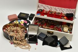A BOX OF ASSORTED COSTUME JEWELLERY, to include a selection of earrings, necklaces, and beaded