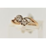 A LATE 19TH CENTURY TWO STONE DIAMOND RING, two old cut diamonds in a belcher style prong setting,