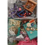 A BOX OF ASSORTED COSTUME JEWELLERY, to include a selection of brooches, beaded necklaces, fashion