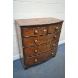 A GEORGIAN FLAME MAHOGANY BOWFRONT CHEST OF TWO SHORT OVER THREE LONG DRAWERS, with turned