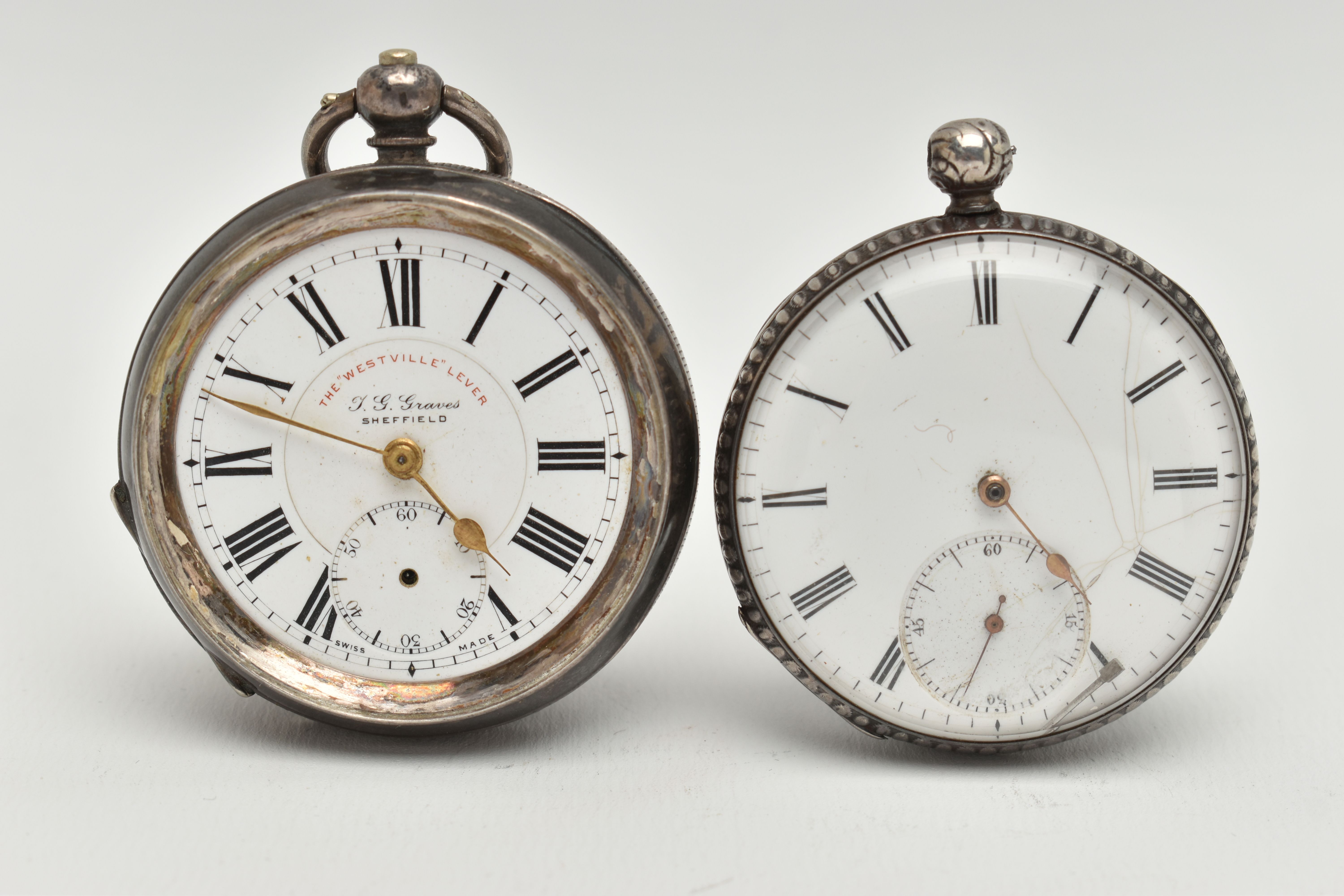 TWO OPEN FACE POCKET WATCHES, the first an AF white metal, open face pocket watch, (missing glass