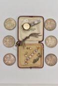 SIX CROWNS AND ASSORTED JEWELLERY, four 1935 coins, one 1951 and one 1953, together with a small