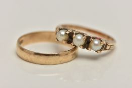 A 9CT GOLD BAND RING AND A YELLOW METAL SEED PEARL RING, polished band, hallmarked 9ct London,