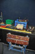 TWO TRAYS CONTAINING HAND TOOLS including a Mitutoyo Imperial dial caliper, a Clarke drill stand,
