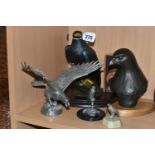 A GROUP OF BIRDS OF PREY SCULPTURES, comprising a large carved wooden sculpture of an eagle in