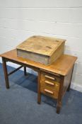 AN OAK DESK with two drawers, width 122cm x depth 69cm x height 77cm, along with a sloped tabletop