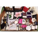 A BOX OF ASSORTED COSTUME JEWELLERY AND ITEMS, to include small geodes, trinket boxes, costume