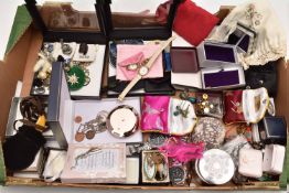 A BOX OF ASSORTED COSTUME JEWELLERY AND ITEMS, to include small geodes, trinket boxes, costume