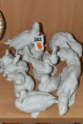 EIGHT KAISER PORCELAIN WHITE BISQUE FIGURES AND GROUPS OF ANIMALS, DUCKS AND GEESE, including a