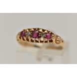 AN EARLY 20TH CENTURY18CT GOLD, DIAMOND AND RUBY BOAT RING, set with a central oval cut ruby, with