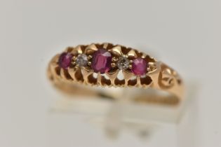 AN EARLY 20TH CENTURY18CT GOLD, DIAMOND AND RUBY BOAT RING, set with a central oval cut ruby, with