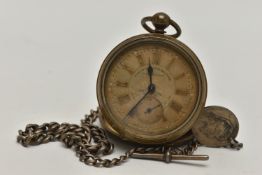 AN OPEN FACE POCKET WATCH, with Roman numerals and subsidiary seconds dial, face stamped Railway