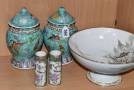 A JAPANESE SATSUMA BOWL, CHINESE VASES AND GINGER JARS, comprising two small cylinder vases