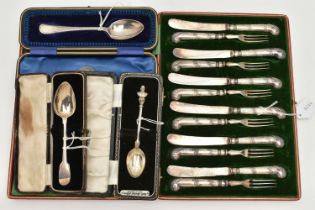 A CASED SET OF SIX EDWARDIAN SILVER PISTOL HANDLED DESSERT KNIVES AND FORKS, with spiral floral