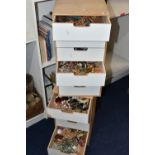 TWO SETS OF STORAGE UNITS WITH A LARGE ASSORTMENT OF COSTUME JEWELLERY, each unit with six drawers