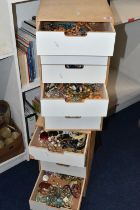 TWO SETS OF STORAGE UNITS WITH A LARGE ASSORTMENT OF COSTUME JEWELLERY, each unit with six drawers