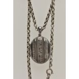 A VICTORIAN SILVER LOCKET AND BELCHER CHAIN, oval locket with etched foliage detail with banded