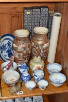 A GROUP OF ORIENTAL CERAMICS, comprising a pair of Japanese Satsuma earthenware vases, black painted