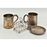 FOUR PIECES OF 20TH CENTURY SILVER, comprising two conical shaped christening mugs, one with