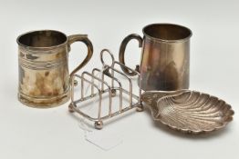 FOUR PIECES OF 20TH CENTURY SILVER, comprising two conical shaped christening mugs, one with