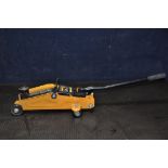 A HALFORDS TWO TONNE HYDROLIC TROLLEY JACK, with handle (condition: mechanism working, handle