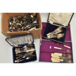 A BOX OF ASSORTED CUTLERY PIECES, to include a box and two cased sets of fish eaters, together