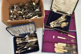 A BOX OF ASSORTED CUTLERY PIECES, to include a box and two cased sets of fish eaters, together