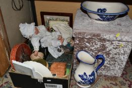 ONE BOX OF MISCELLANEOUS SUNDRIES AND TWO PICTURES, to include a large gilt framed oil on canvas,