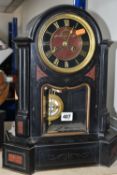 A VICTORIAN FRENCH SLATE MANTEL CLOCK, with red marble inlay, black enamel dial, gilt Roman