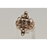 A 9CT GOLD ABSTRACT RING, rose gold open work design, textured detail set with ten circular cut