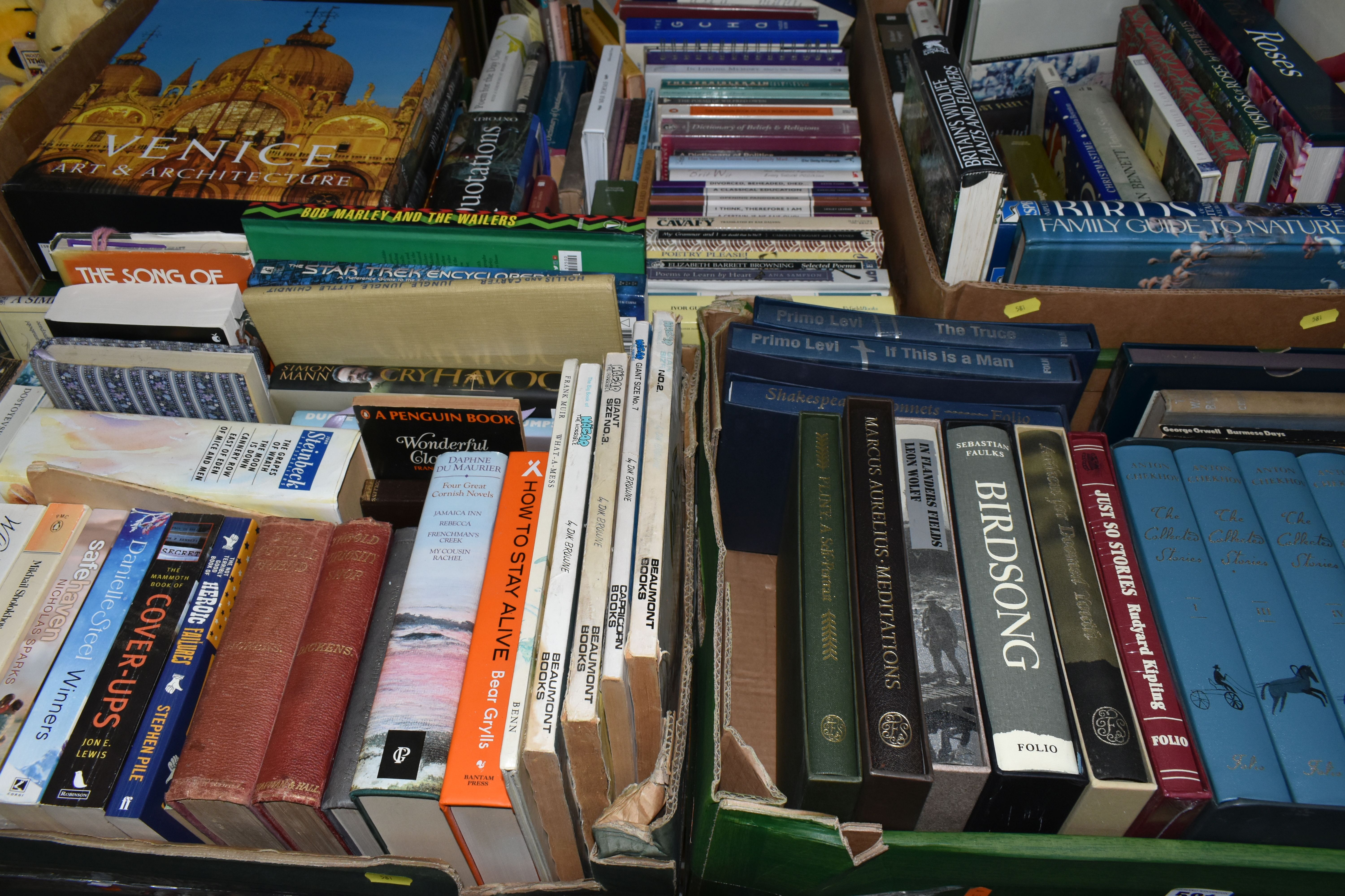 FIVE BOXES OF ASSORTED BOOKS, to include Folio Society titles, authors include Primo Levi, Pliny,