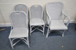 FOUR GREY PAINTED WICKER CHAIRS, including one carver (condition report: wear and tear to all) (4)